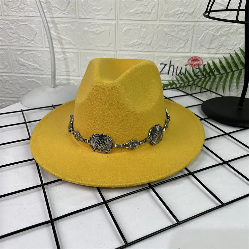 Hat Silver Square Chain Top Hat Wide Brim Flat Edge Woolen Fedora Hat