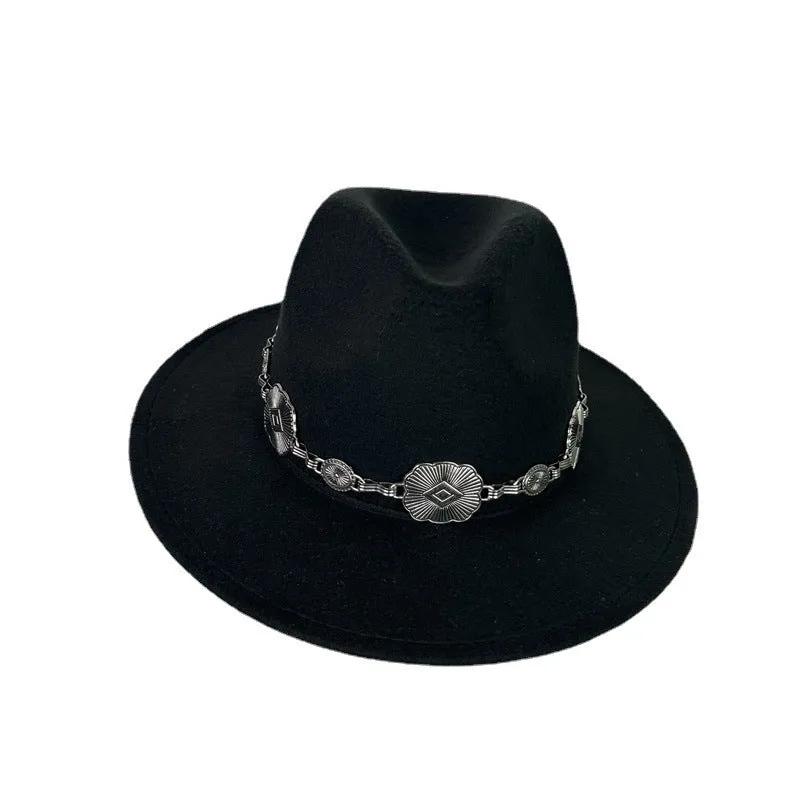 Hat Silver Square Chain Top Hat Wide Brim Flat Edge Woolen Fedora Hat