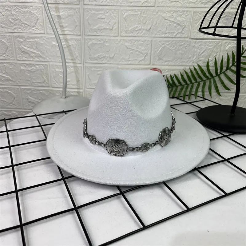 Hat Silver Square Chain Top Hat Wide Brim Flat Edge Woolen Fedora Hat