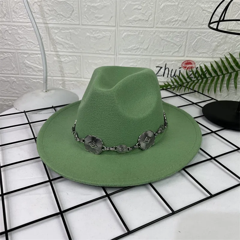 Hat Silver Square Chain Top Hat Wide Brim Flat Edge Woolen Fedora Hat