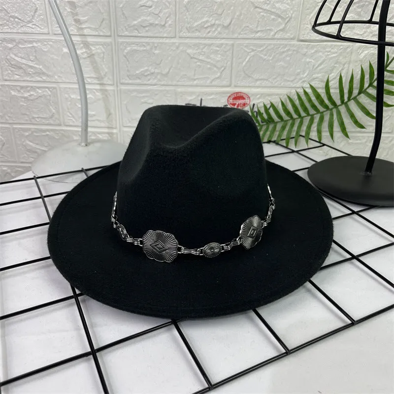 Hat Silver Square Chain Top Hat Wide Brim Flat Edge Woolen Fedora Hat