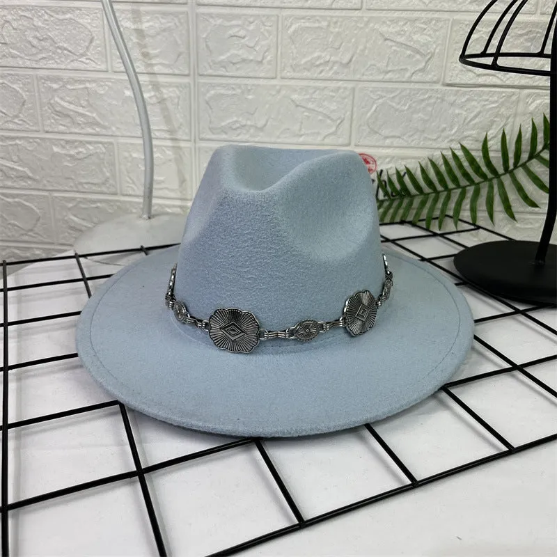 Hat Silver Square Chain Top Hat Wide Brim Flat Edge Woolen Fedora Hat