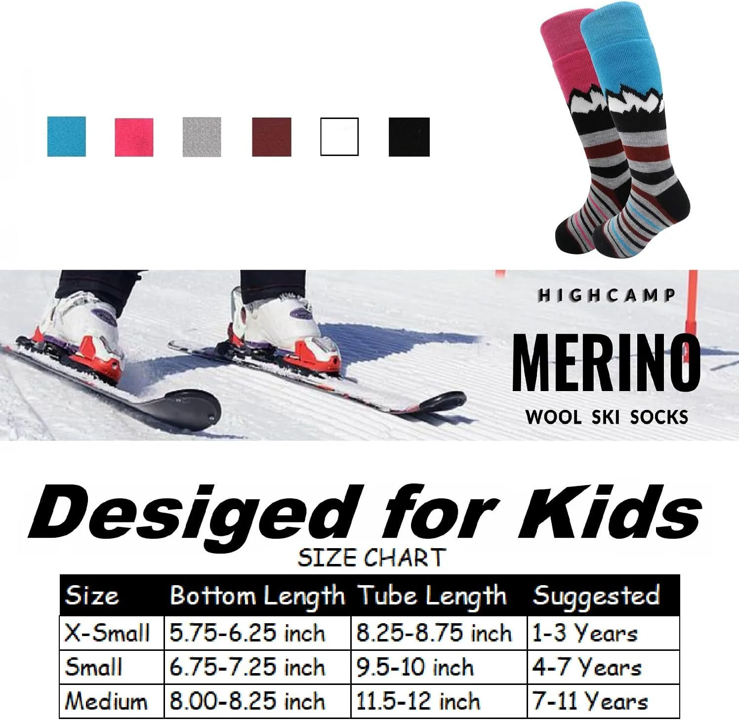 HIGHCAMP 2 Pairs Kids Merino Wool Ski Snowboard Socks Boy Girl Toddler Winter Snow Socks