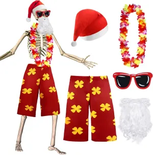 JaGely 5 Pcs 12 ft Skeleton Summer Christmas Costume Set Includes Santa Hat Sunglasses Santa Beard Beach Shorts Hawaiian Leis Christmas in July Skeleton Accessories Decorations, Skeleton Not Included