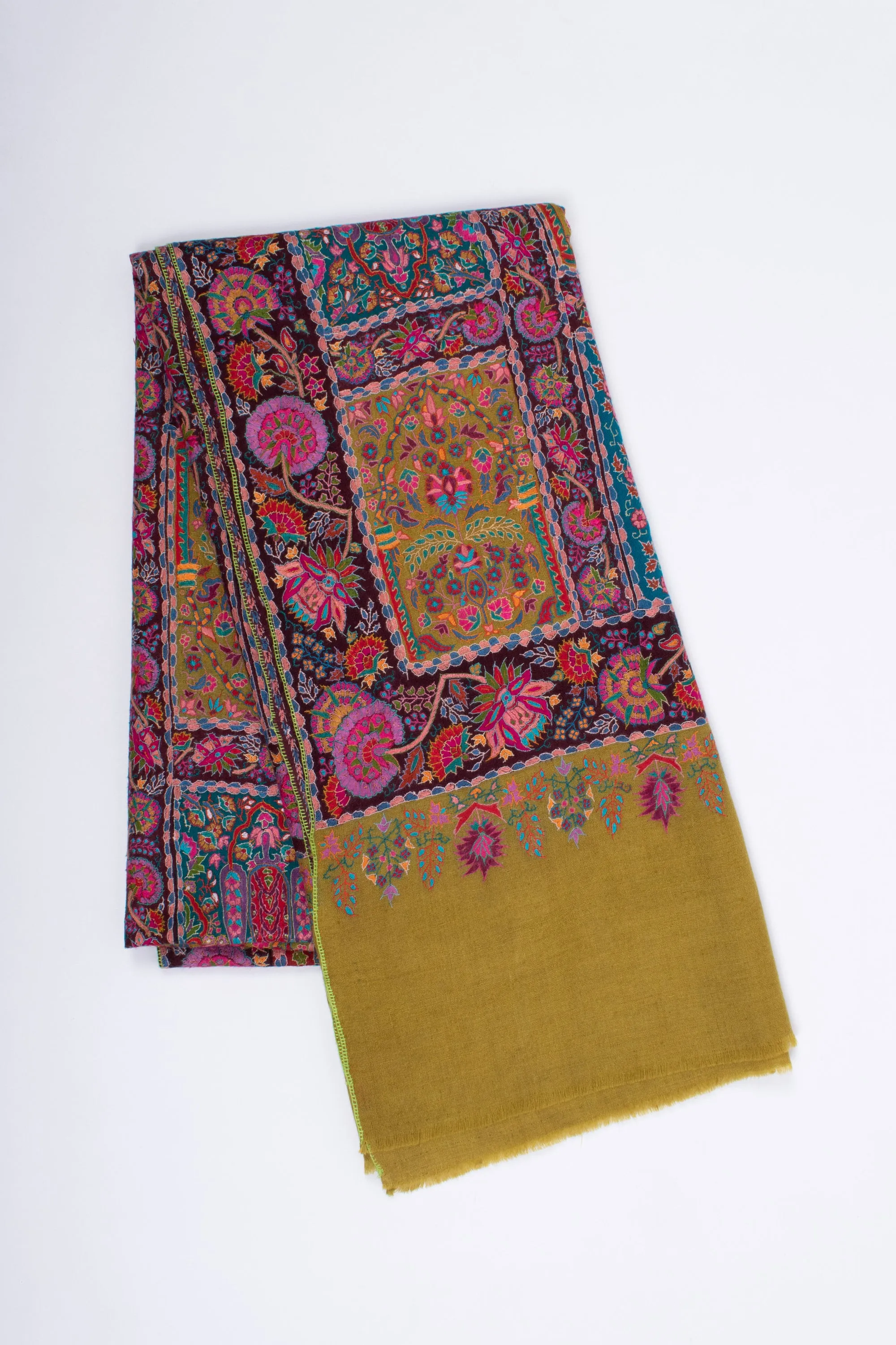 Kashmiri Pashmina Shawl, Special Indian Embroidery Wrap, Lemon Ginger Color, Hand Embroidered Shawl, Exclusive Shawl, 40x80" - LAKEWOOD