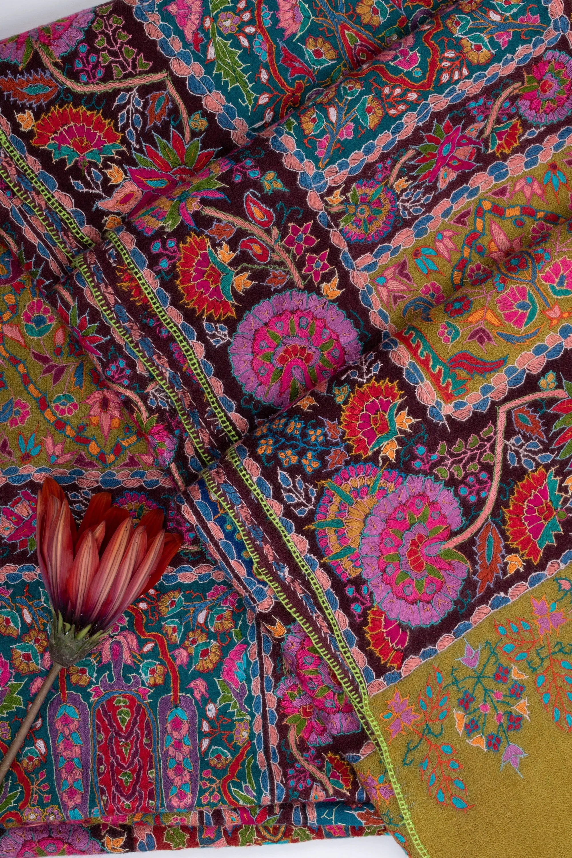 Kashmiri Pashmina Shawl, Special Indian Embroidery Wrap, Lemon Ginger Color, Hand Embroidered Shawl, Exclusive Shawl, 40x80" - LAKEWOOD