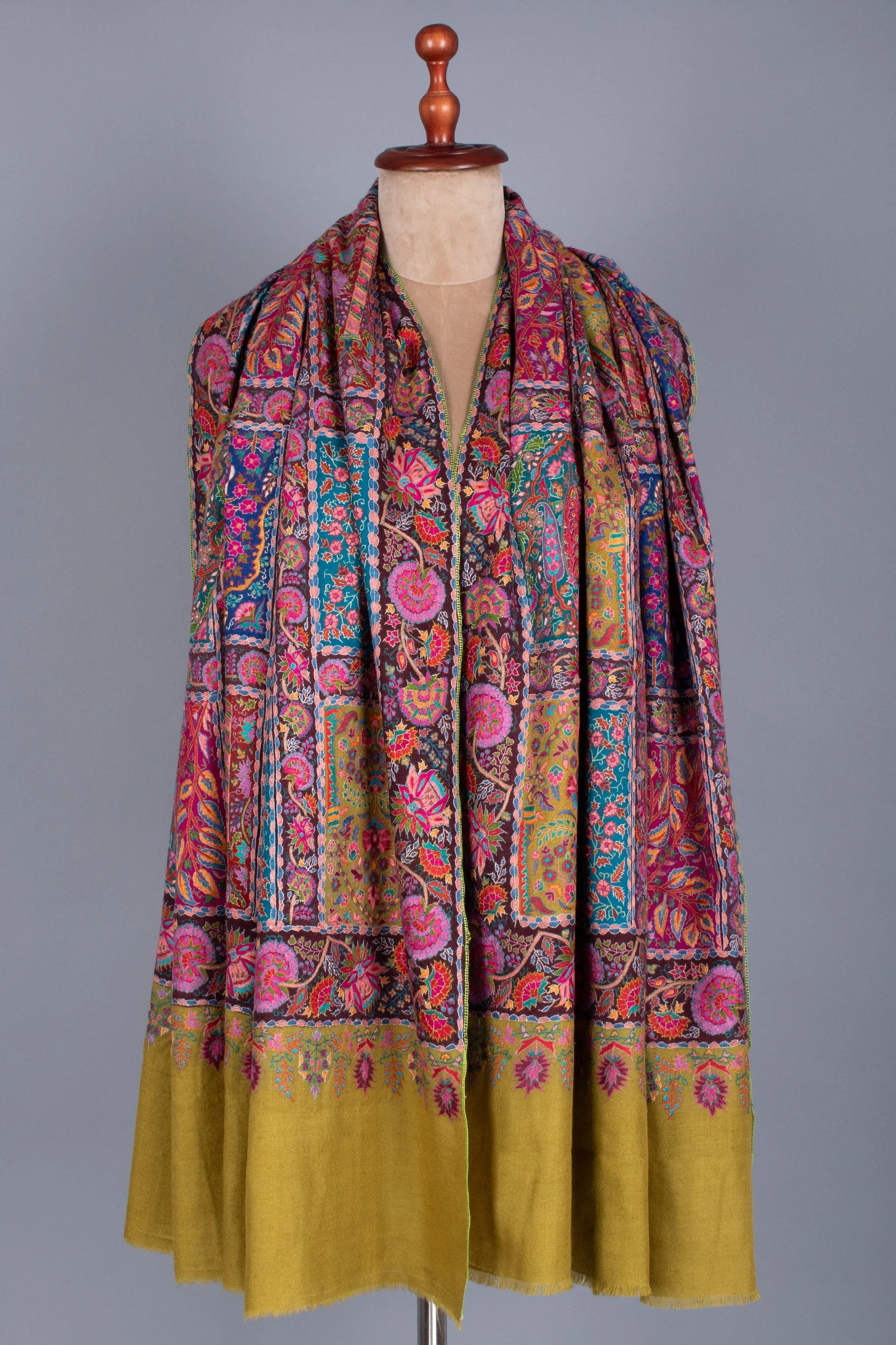 Kashmiri Pashmina Shawl, Special Indian Embroidery Wrap, Lemon Ginger Color, Hand Embroidered Shawl, Exclusive Shawl, 40x80" - LAKEWOOD
