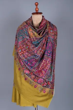 Kashmiri Pashmina Shawl, Special Indian Embroidery Wrap, Lemon Ginger Color, Hand Embroidered Shawl, Exclusive Shawl, 40x80" - LAKEWOOD