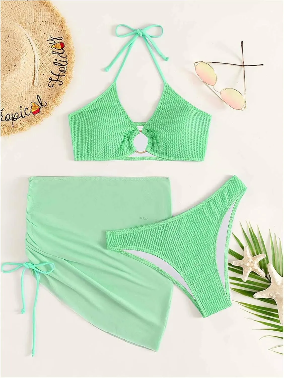 MakeMeChic Women's 3 Piece Bathing Suits Halter Ring Bikini Set with Cover Up Skirts