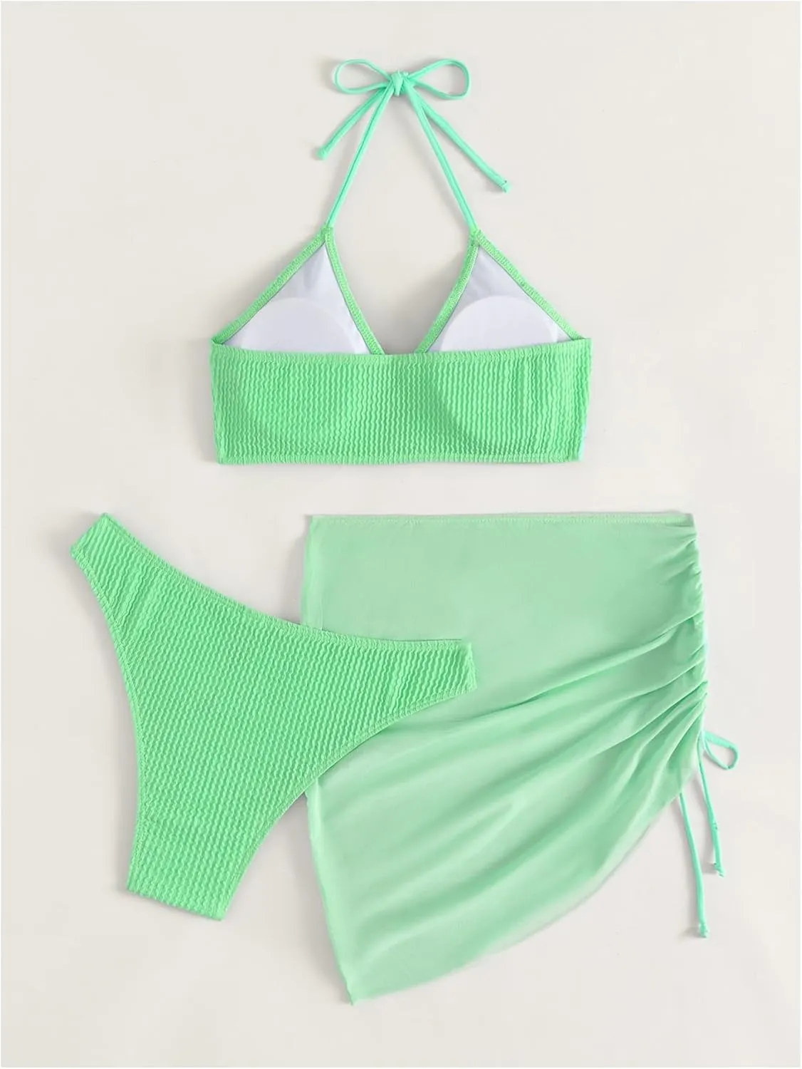 MakeMeChic Women's 3 Piece Bathing Suits Halter Ring Bikini Set with Cover Up Skirts