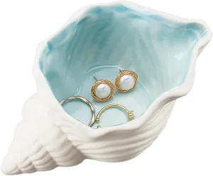 NBEADS Conch Shape Ceramic Jewelry Tray, Aqua Shell Trinket Dish Ceramic Ring Earring Holder Ocean-themed Decorative Trinket Plate for Rings Earrings Necklaces Bracelet Jewelry Watch Keys