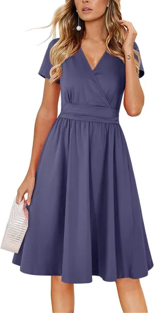 Newshows Womens Summer Short Sleeve Casual Dresses V Neck Floral Vacation Sundress Faux Wrap Midi Dress with Pockets