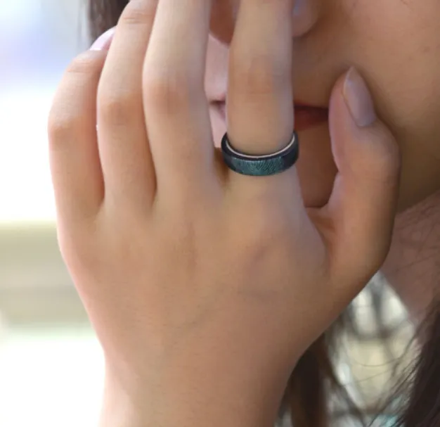 Original Design Wood Ring Fingerprint Handmade Walnut Silver Gift Custom Made Wooden Rings