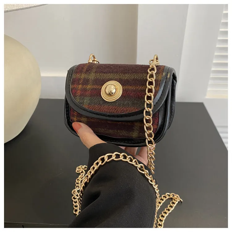 Plaid Retro Contrast Color Woolen Women's Shoulder Bag