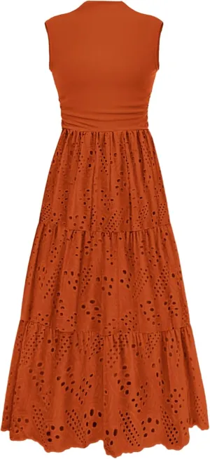 PRETTYGARDEN Summer Dresses for Women 2025 Casual Eyelet Sleeveless Wedding Guest Maxi Dress Tank Top Sundress with Pockets
