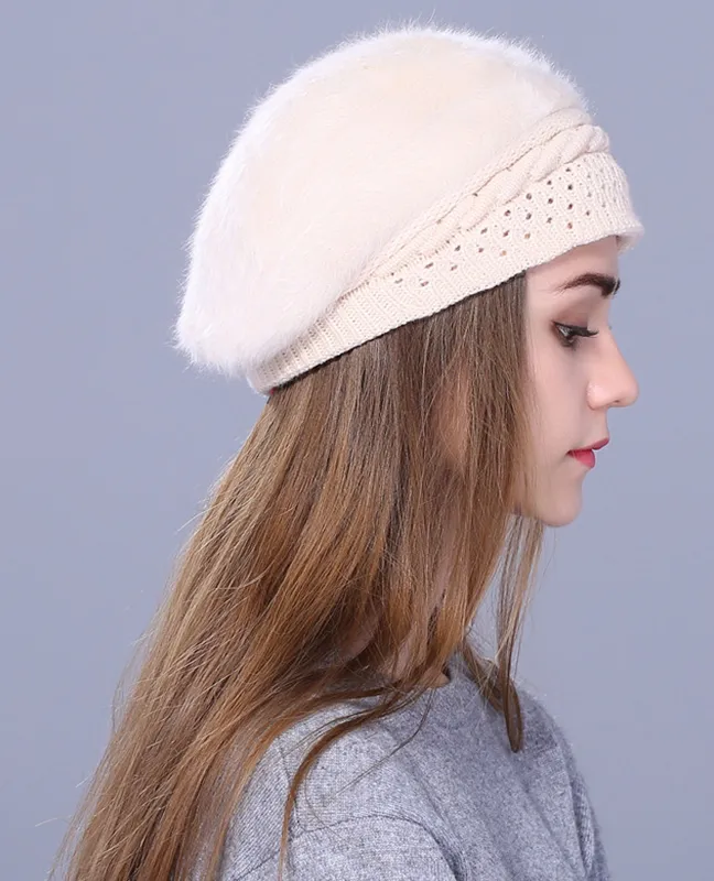 Rabbit fur Knitted Beret
