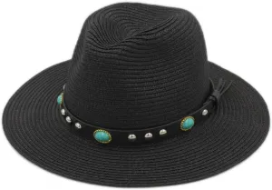 Straw Panama Hats Women Wide Brim Fedora Cap Summer Beach Fedora Sun Hat UPF with Turquoise Leather Band