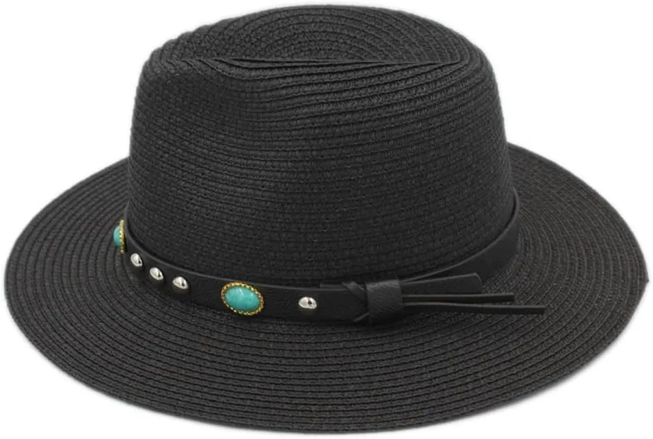 Straw Panama Hats Women Wide Brim Fedora Cap Summer Beach Fedora Sun Hat UPF with Turquoise Leather Band