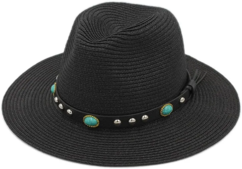 Straw Panama Hats Women Wide Brim Fedora Cap Summer Beach Fedora Sun Hat UPF with Turquoise Leather Band
