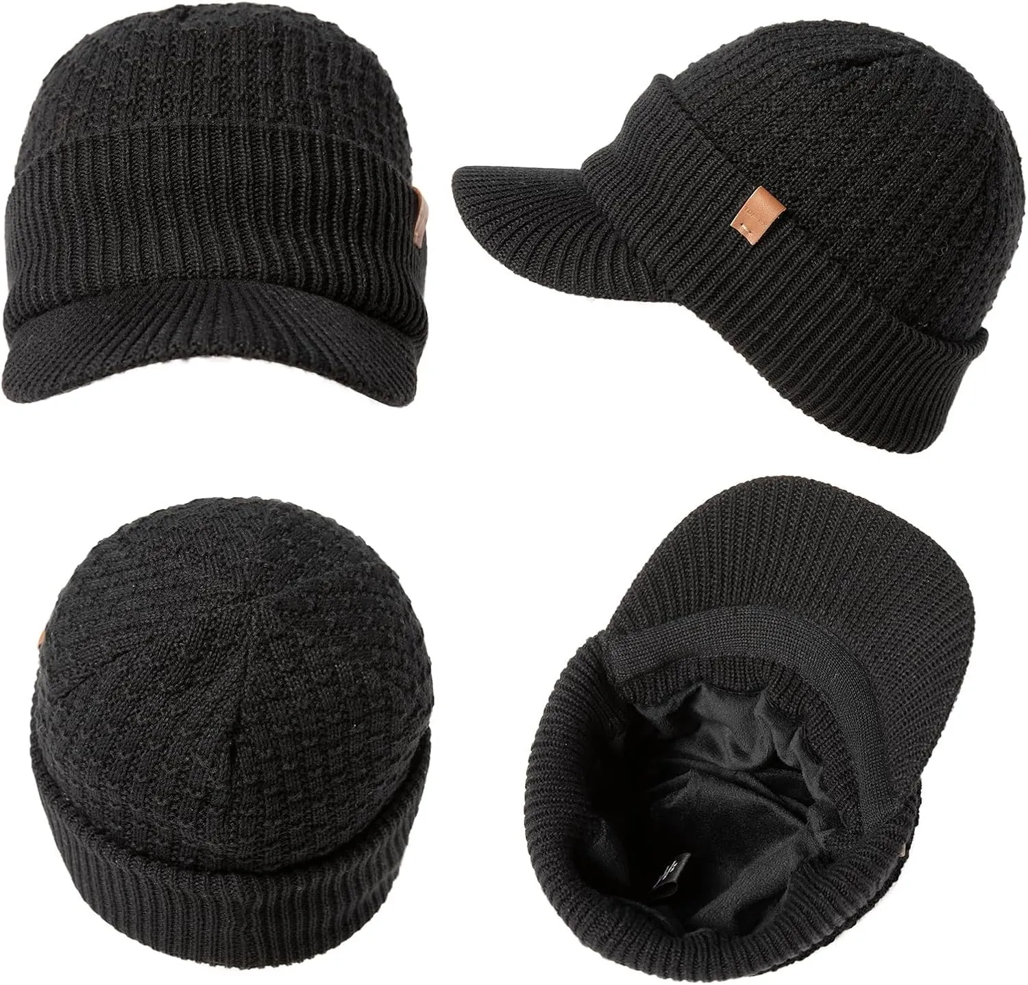TOP-EX 50% Merino Wool Winter Hats Beanie with Brim Waterproof Warm Fleece Lined for Cold Weather