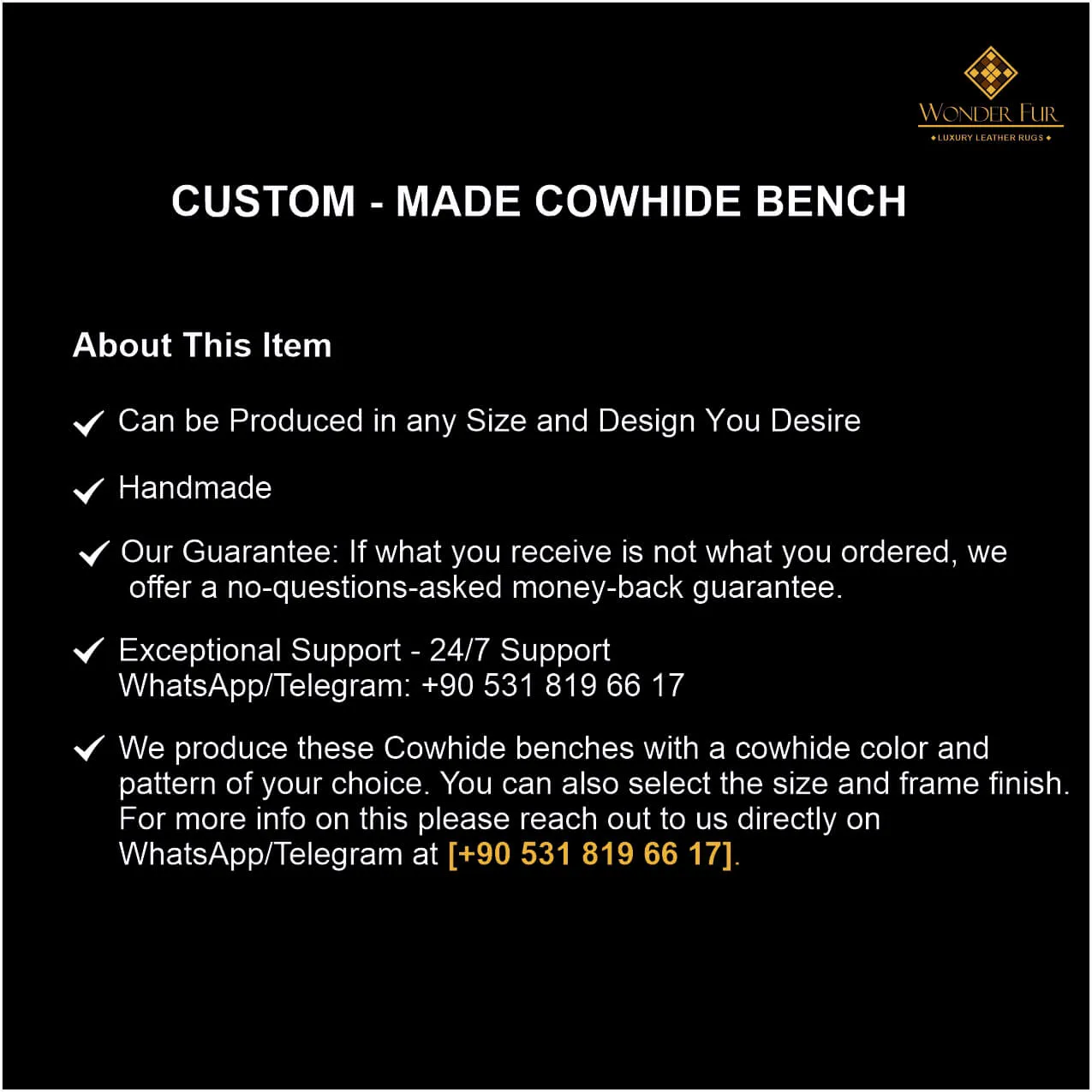 Unique Genuine Cow Skin Bench for Bed Room, Handmade Luxury Bench
