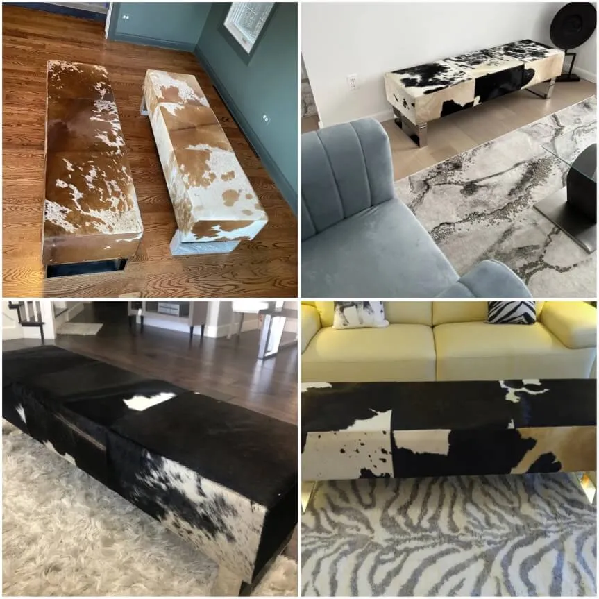 Unique Genuine Cow Skin Bench for Bed Room, Handmade Luxury Bench