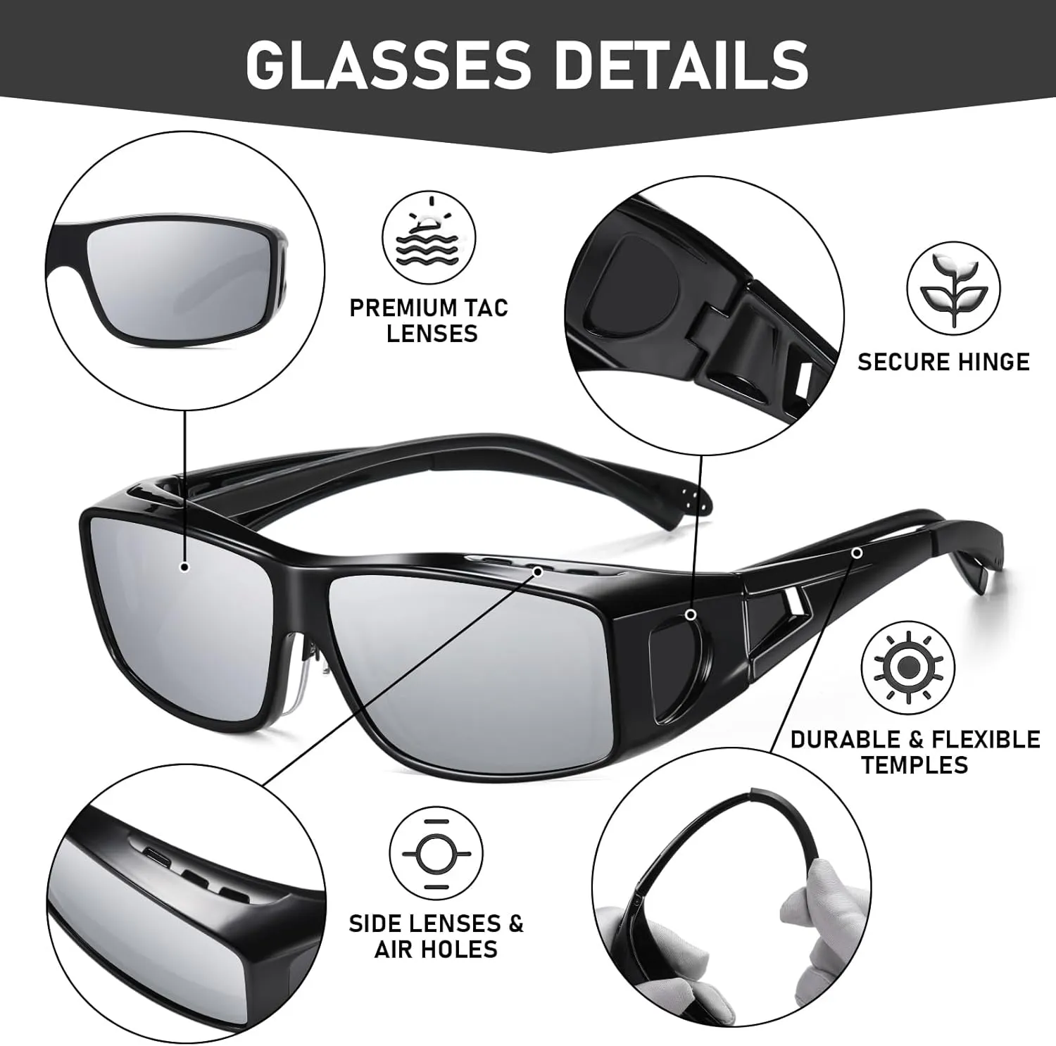 Wzerry Polarized Sunglasses Fit Over Glasses, UV Protection Wrap-Around for Men Women, Driving and Outdoor Activities