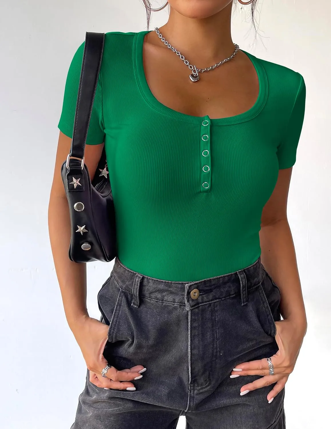 Zeagoo Womens Summer Tops Short Sleeve Shirts Ribbed Knit Square Neck Tshirt Casual Basic Slim Tee