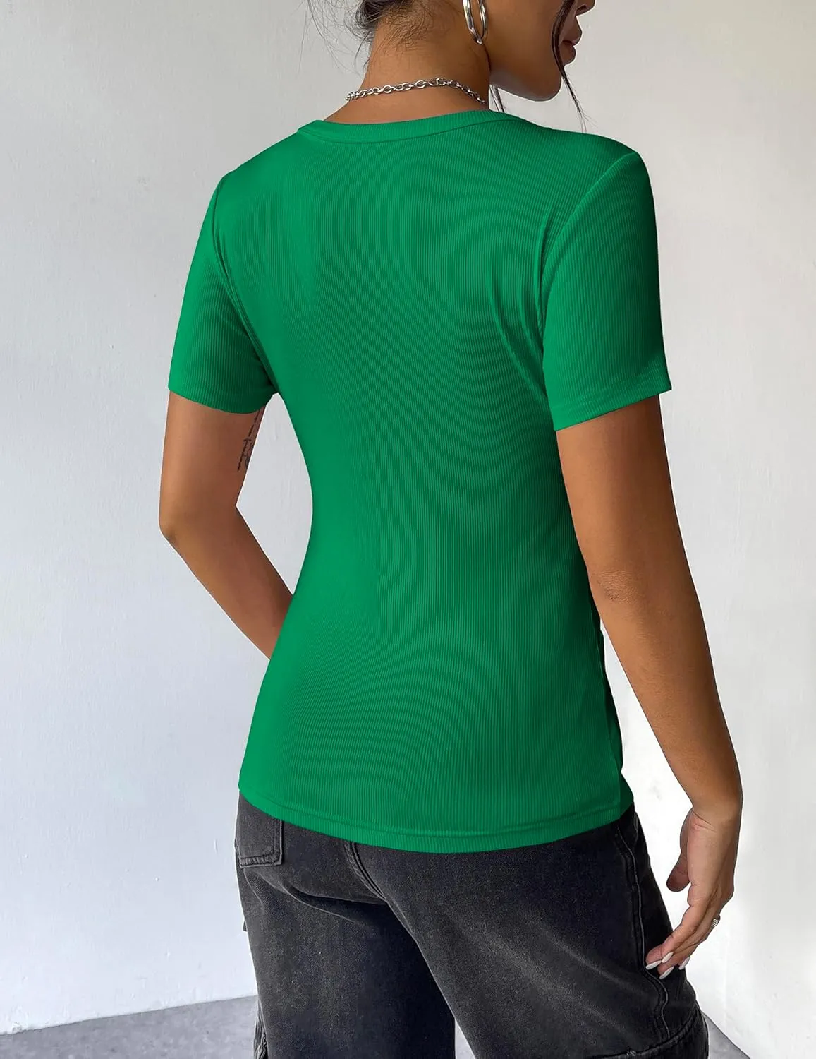 Zeagoo Womens Summer Tops Short Sleeve Shirts Ribbed Knit Square Neck Tshirt Casual Basic Slim Tee
